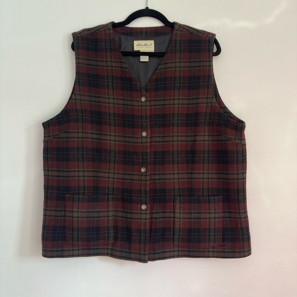 Eddie Bauer XXL 100% Wool Plaid Vest Burgundy Green Black V-Neck Button Vest